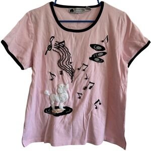Vintage Storybook 1950s Diner Short Sleeve Sweater Poodle Music Note Women large
